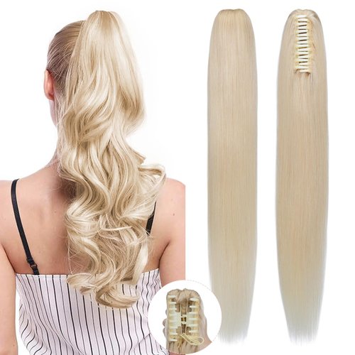 SEGO Pro Claw Clip Ponytail Extension Human Hair Long Straight Clip in Ponytail Hair Extensions Real Hair Ponytail Extension,16inch #613 Bleach Blonde,105g