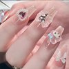 24Pcs Nude Press on Nails Medium Square Fake Nails Glossy Glue on Nails with 3D Kawaii Heart Bow Charms Design French Stick on Nails Cute False Nails Artificial Acrylic Nails for Women Girls Manicure