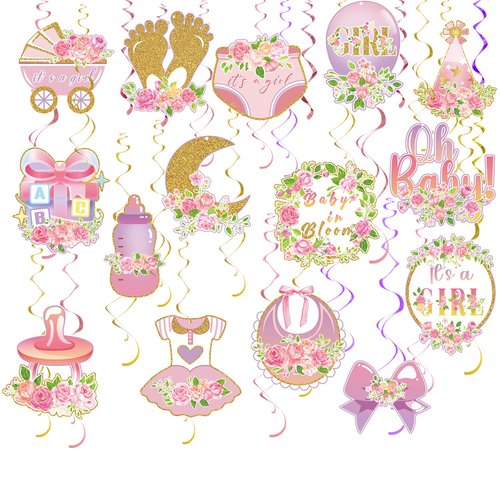 36 pcs Baby Shower Party Hanging Swirls Decor,Girls Ceiling Hanging Streamers for Girls Kids Gender Reveal Baby Shower Birthday Party Supplies Decoration