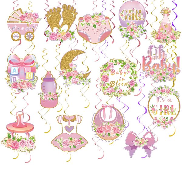 36 pcs Baby Shower Party Hanging Swirls Decor,Girls Ceiling Hanging Streamers for Girls Kids Gender Reveal Baby Shower Birthday Party Supplies Decoration