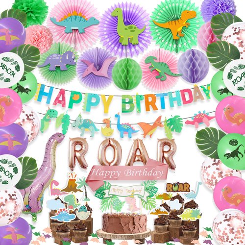 Dinosaur Party Decorations Supplies Kit, Hombae Dinosaur Birthday Decorations for Girl, Dinosaur Theme Banner, Balloons, Cake Toppers, Paper Fans with Dinosaur Cut-Outs, Honeycomb Balls Pom Poms, ROAR