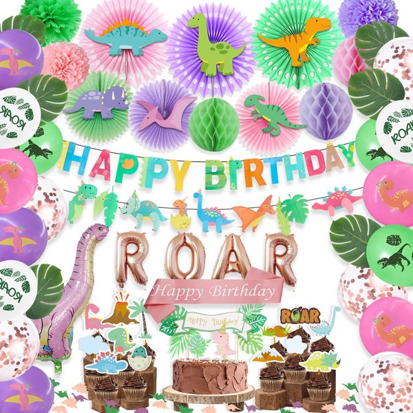 Dinosaur Party Decorations Supplies Kit, Hombae Dinosaur Birthday Decorations for Girl, Dinosaur Theme Banner, Balloons, Cake Toppers, Paper Fans with Dinosaur Cut-Outs, Honeycomb Balls Pom Poms, ROAR
