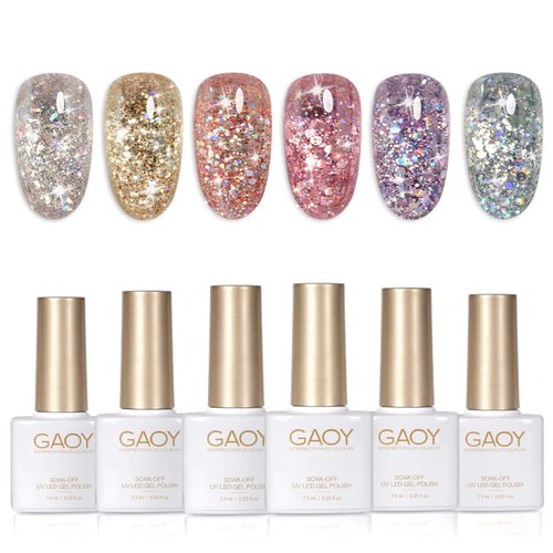 GAOY Glitter Gel Nail Polish Set for Christmas Nails 6 Colors Including Pink White Gold Purple Gel Nail Kit for Nail Art DIY Manicure and Pedicure at Home
