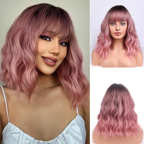 PATTNIUM Ombre Pink Wig with Bangs for Women Shoulder Length Short Wavy Curly Pink Bob Wigs 12'' Heat Resistant Synthetic Wig (Ombre Pink)