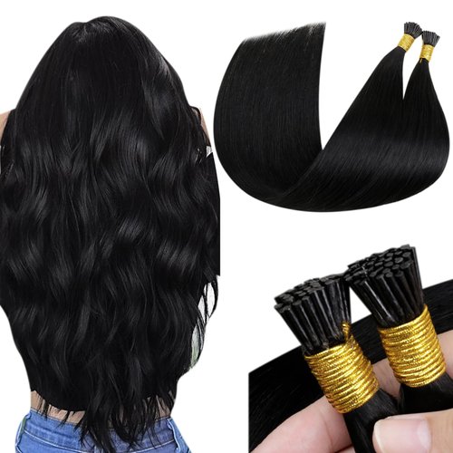 LaaVoo I Tip Hair Extensions Human Hair Jet Black Itip Human Hair Extensions 22 inch Black I Tips Hair Extensions Real Human Hair for Black Women Straight Hair I Tip Hair Extensions 50g/50s