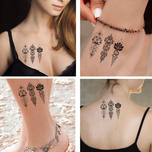 Dopetattoo 6 Sheets Temporary Tattoo Lotus Unalome Tattoo Lotus Flower Tattoo Fake Tattoos for Women Men Girls Neck Tattoo Hand Tattoory tattoo for Neck Arm Chest for Woman