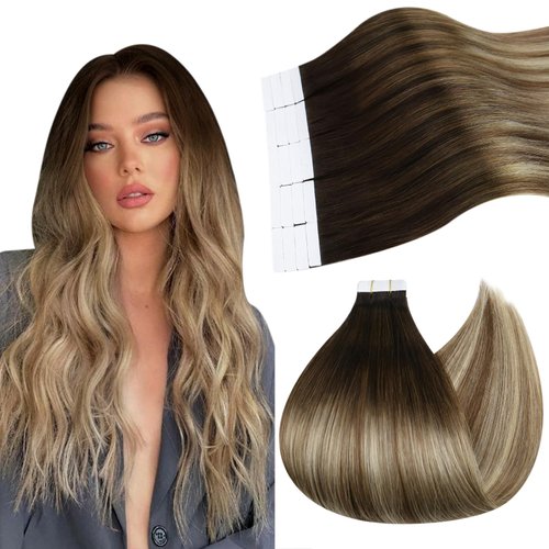 Ugeat Tape in Hair Extensions Human Hair 18Inch Balayage Dark Brown Fading to Platinum Blonde Hair Extensions Tape in 50G Tape Seamless Hair Extensions 20Pieces Real Human Hair Extensions