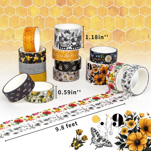 KOVANO Washi Tape Set 14 Rolls, Vintage Bee Floral Butterfly Botanical Washi Tape, Yellow Black Decorative Tapes for Scrapbooking Supplies, Junk Journal, Bullet Journaling, Art Crafts