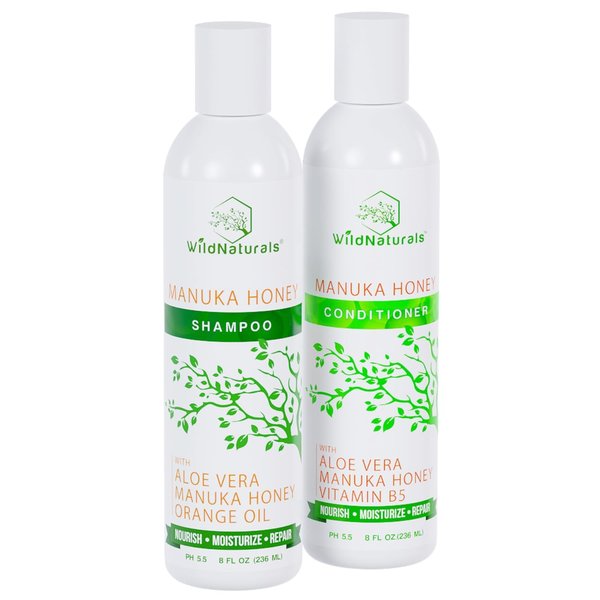 Manuka Honey Shampoo and Conditioner - Soothing Moisturizing Formula for Eczema, Psoriasis, Curly Hair and Color-Safe - All Natural Set