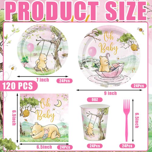 AURORAPARTY 120pcs Winnie Bear Baby Shower Decorations Pooh Pink Girl Bear Party Plates Napkins Oh Baby Disposable Cups Tableware for Newborn Kids Birthday Decorations for 24 Guests
