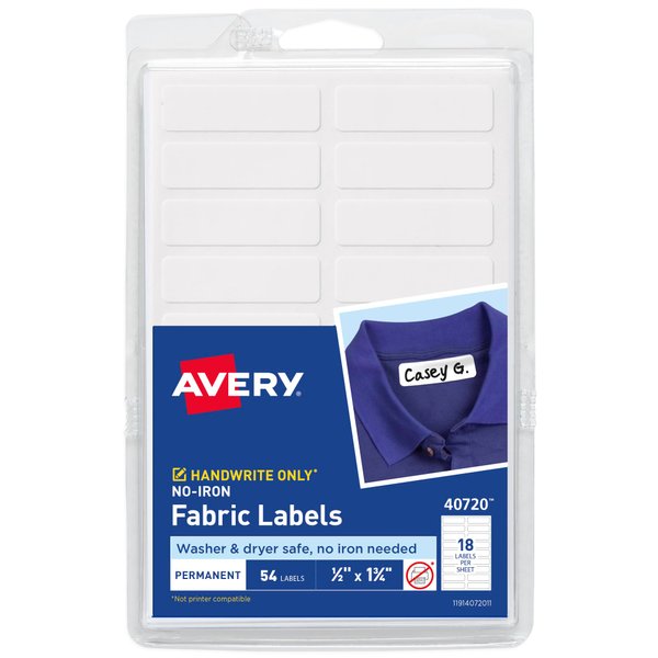 Avery No-Iron Fabric Labels, 1/2" x 1-3/4", Washer and Dryer-Safe Waterproof Labels, Non-Printable, 54 Blank Labels Total (40720)