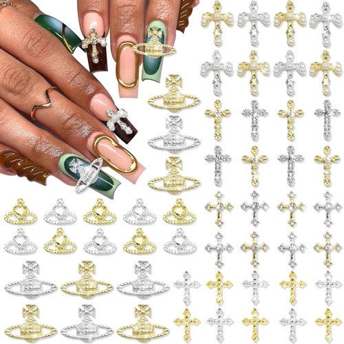 RODAKY 54PCS Cross Nail Charms Gold Cross Charms for Nails 3D Planet Nail Art Jewelry Silver Nail Charms and Gems Metal Nail Stud Rhinestones Shiny Nail Decoration for Manicure Design