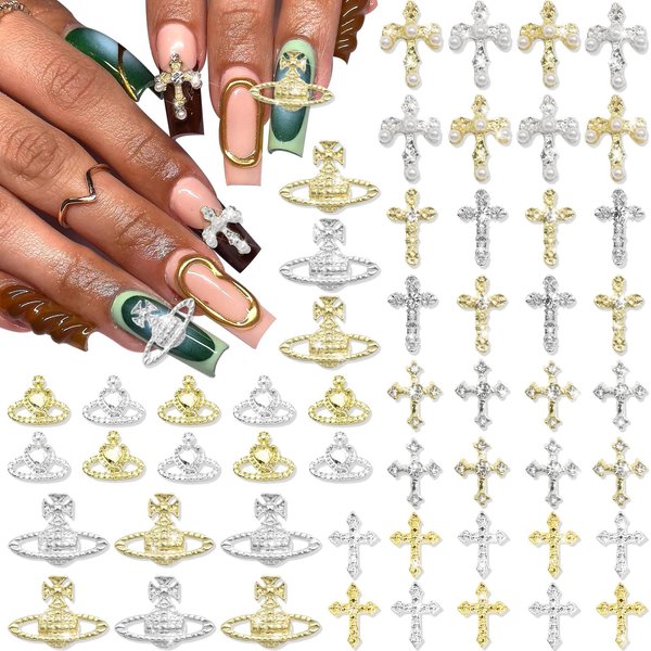 RODAKY 54PCS Cross Nail Charms Gold Cross Charms for Nails 3D Planet Nail Art Jewelry Silver Nail Charms and Gems Metal Nail Stud Rhinestones Shiny Nail Decoration for Manicure Design