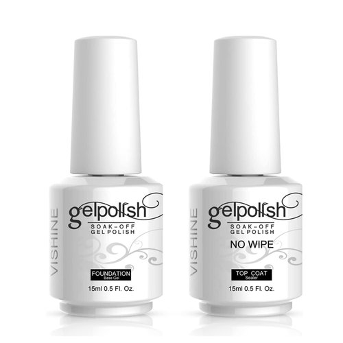 Vishine 15ml No Wipe Top Coat Base Coat Soak off UV LED Drying Long Lasting Shiny Nail Varnish Set