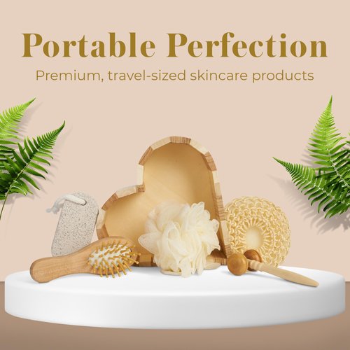 Bella Ciao Body and Skin Care Set, 6-PC, Face Massage Roller, Hair Brush, Pumice Stone, Loofah, Exfoliating Sponge, Wooden Tray Gift Basket, Bath and Body Gift Set, Birthday Gifts for Women