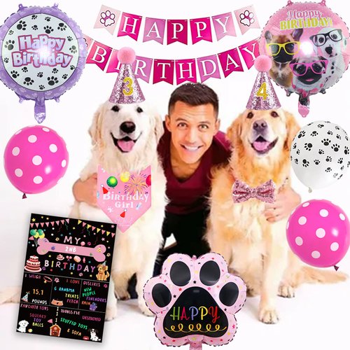 Dog Birthday Party Supplies Decorations, Cute Dog Birthday Bandanas Girl with Lets Pawty Banner Dog Birthday Cake Toppers Hat Pink Bowtie Dog Tutu Skirt Paw Balloons for Dog Party Decorations