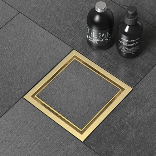 WEBANG 6 Inch Shower Square Drain Gold Floor Drain with Flange Reversible 2-in-1 Cover Tile Insert Grate Removable SUS304 Stainless Steel CUPC Certified Brushed Gold Brass
