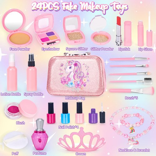 Pretend Makeup for Toddlers, Kids Pretend Makeup Kit for Girls Fake Makeup Toys with Cosmetic Bag, Play Makeup for Little Girls Age 3 4 5 6 7 Christmas Birthday Gifts Toys (Fake Makeup)