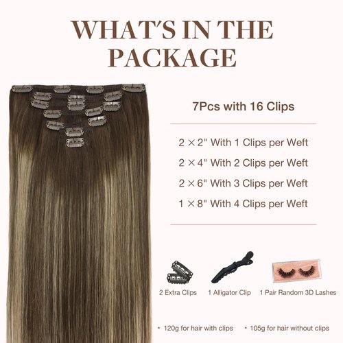 GOO GOO Clip in Hair Extensions Real Human Hair, Remy Human Hair Extensions Clip ins for Women, Natural Human Hair, 14inch 120g 7Pcs, 4/26/4 Balayage Chocolate Brown to Honey Blonde