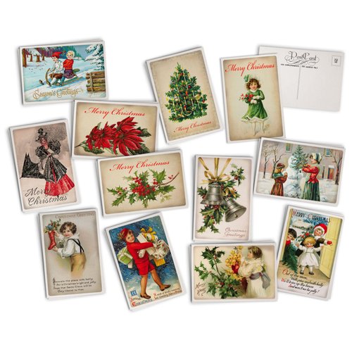 Retro Friends Antique Christmas Post Cards - 24 Vintage Christmas Postcards - 12 Assorted Holiday Illustration Cards Printed on Vintage Textured Style Cardstock