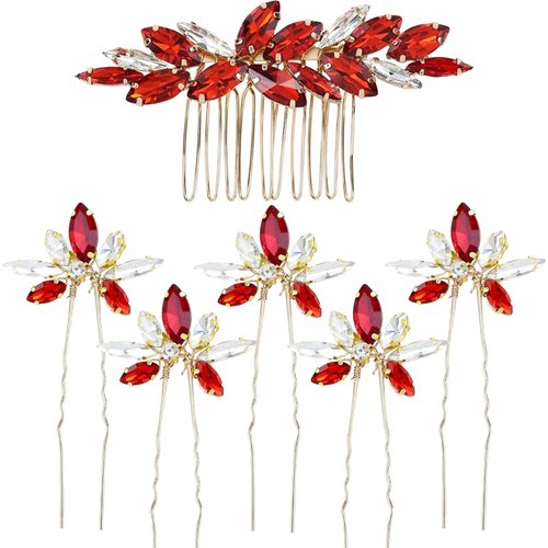 Sparkly Wedding Hair Combs,6 Pcs Crystal Flwoer Hair Clips Bride Bridesmaid Hair Sides Comb Rhinestone Barrettes, Crystal Flower Hair Pins Hair Accessories for Women Girls (Red)