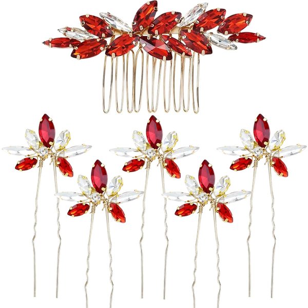 Sparkly Wedding Hair Combs,6 Pcs Crystal Flwoer Hair Clips Bride Bridesmaid Hair Sides Comb Rhinestone Barrettes, Crystal Flower Hair Pins Hair Accessories for Women Girls (Red)