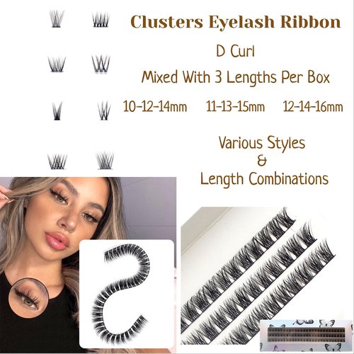 CB 2-Trays Of Clusters Lash Ribbons D-Curl Eyelash Clusters Thin Band Wispy Lashes Extremely Comfortable Lash, Natural Look Reusable DIY Extensions, 10-12-14mm, Style E