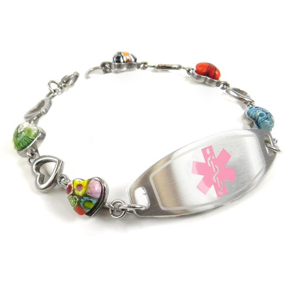 My Identity Doctor Customized Medical Alert Bracelet Free Engraving - 1.2cm Steel & Glass Hearts - Pink - Wrist Size 8.5 Inch