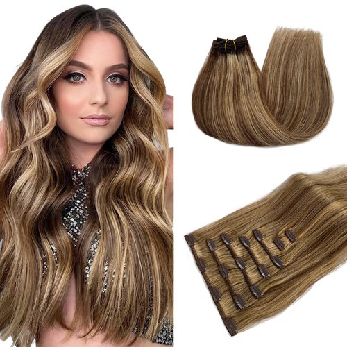 Belaved Clip in Hair Extensions Honey Blonde Mixed Light Brown Human Hair Clip in Extensions 16 Inch Remy Hair Extensions Clip Ins Straight Clip in Real Human Hair 70g 7pcs #4P27