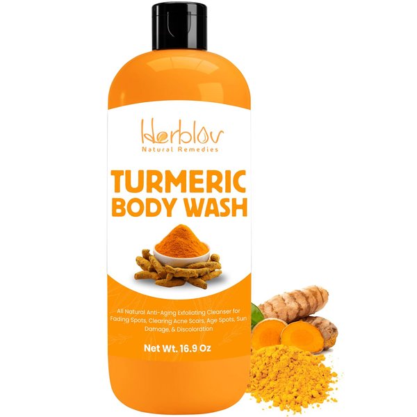 Herblov Turmeric Body Wash – Skin Brightening Turmeric Liquid Soap for Discoloration – Natural Anti Aging Exfoliating Turmeric Body Wash for Spots, Acne, Sun Damage – Turmeric Soap Skincare