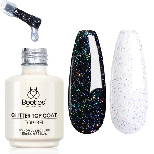 beetles Glitter Gel Top Coat Iridescent Silver Mix Glitter Gel Nail Polish Glossy Shiny Soak Off Rainbow Shimmer No Wipe Top Coat (10ML)