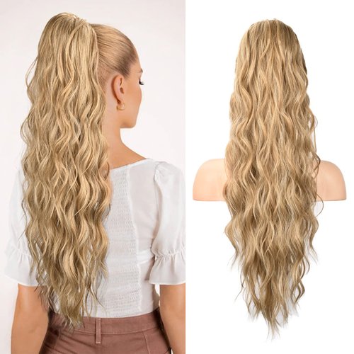 SEIKEA 26" Drawstring Ponytail Extension，PT003 Eva Long Thick Wavy Clip in Hair Extensions Ponytail Natural Soft Synthetic Hairpiece for Women Golden Blonde Highlights