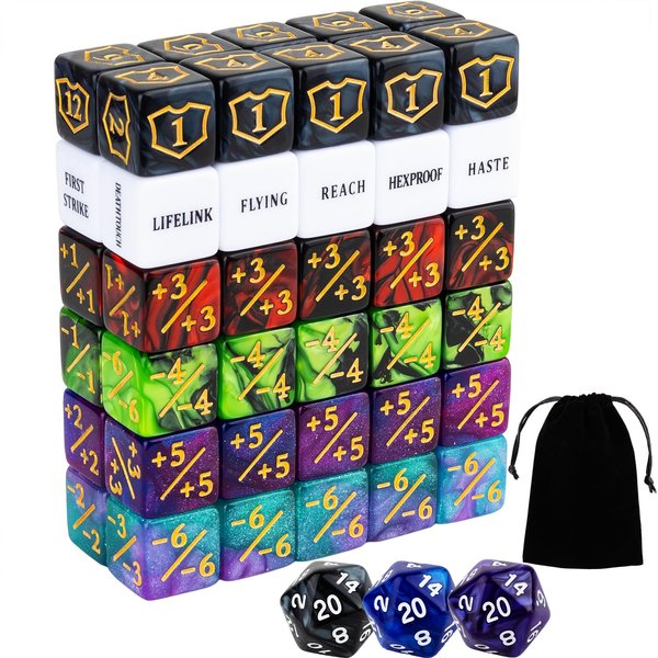 63 Pieces MTG Dice Counters Bulk Ability Keywords MTG Tokens Shield Life Counter 6 Sided Dice Set for Magic The Gathering,TCG,Cards Gaming Accessories