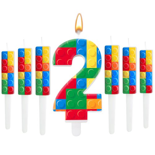 AXBMM 7 Pcs Building Block Themed Birthday Candles Set Building Blocks Number 2 Candle Cake Topper for Building Block Party Decoration Supplies (Number 2)