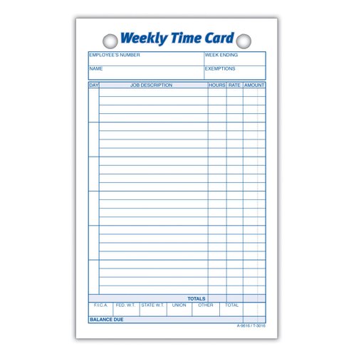 Adams Weekly Time Cards, 1-Sided, 4.25 x 6.75 Inches, White Index Bristol Paper, 100 Cards Per Pack (9616ABF)