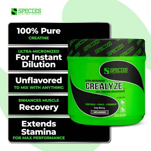 Species Nutrition Crealyze Creatine Powder, 100% Creatine Monohydrate with Solubility to Support Lean Mass, Endurance and Strength, Post Workout Recovery Drink, Gluten-Free (Unflavored, 17.6 Oz)