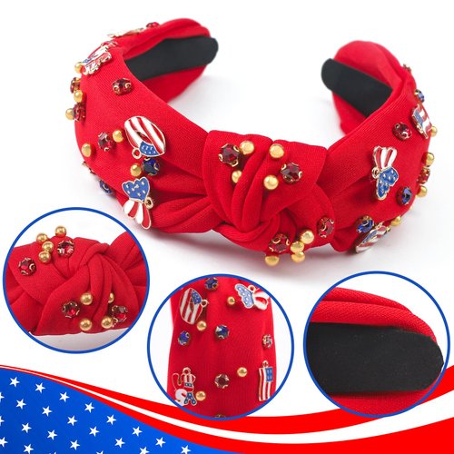 Gushu 4th of July Headband for Women, Fourth of July Red Knotted Patriotic Headband, Wide Top Knot Hair Band with Rhinestones, Beads and American Flag Charms, Memorial Independence Day Party Favors