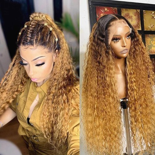 Labamiya Omber Brown 27 Deep Wave Lace Front Wigs Human Hair Colored Lace Frontal Wig for Women 13X4 HD Lace Light Brown Curly Wig Human Hair Pre Plucked with Baby Hair 200% Density