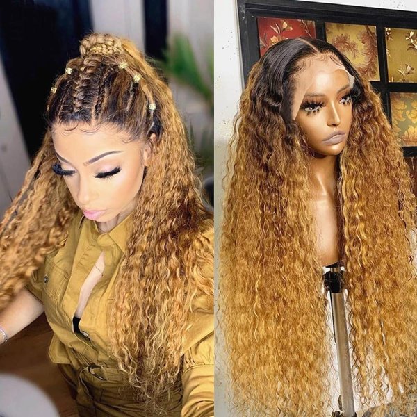 Labamiya Omber Brown 27 Deep Wave Lace Front Wigs Human Hair Colored Lace Frontal Wig for Women 13X4 HD Lace Light Brown Curly Wig Human Hair Pre Plucked with Baby Hair 200% Density