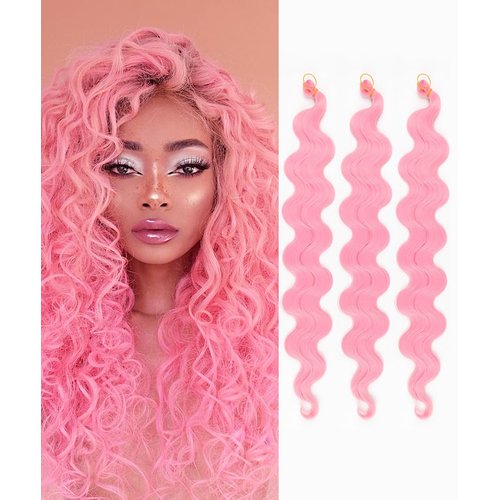ADIASAI 3Packs Body Wave Braiding Hair with Crochet Hook 24Inch Pre-Feathered Braiding Hair Deep Wave Crochet Hair French Curl Crochet Braids Synthetic Hair for Boho Box Braids Goddess Hair(Pink)