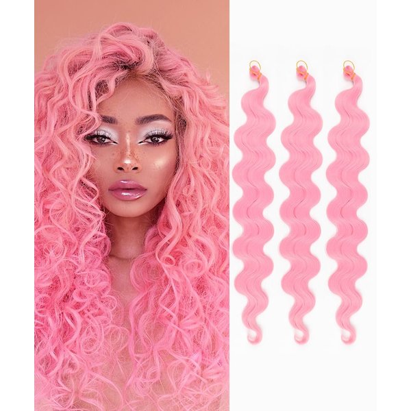 ADIASAI 3Packs Body Wave Braiding Hair with Crochet Hook 24Inch Pre-Feathered Braiding Hair Deep Wave Crochet Hair French Curl Crochet Braids Synthetic Hair for Boho Box Braids Goddess Hair(Pink)