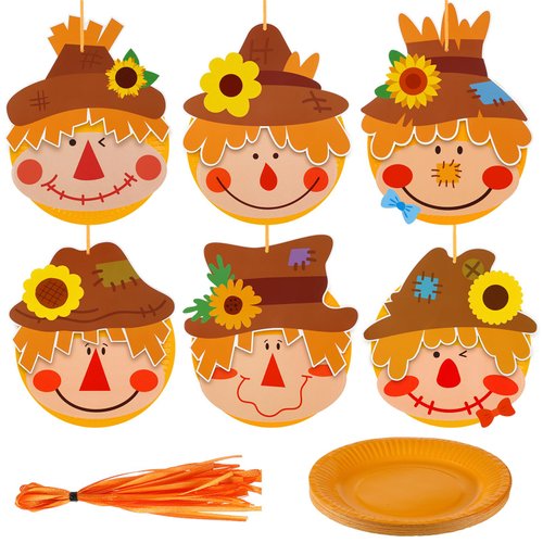 Engrowtic 24 Sets Fall Scarecrow Craft Kit for Kids Paper Plate Scarecrow Head Crafts Thanksgiving Door Ornaments Autumn Craft for Classroom Home DIY Activities Supplies