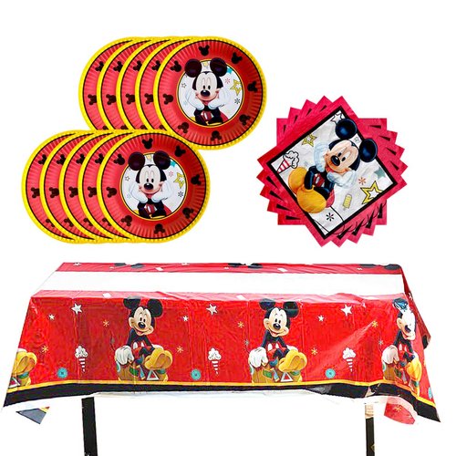 Birthday Party Supplies for Red Mickey Mouse ,Includes 20 Paper Plates - 20 Napkin - 1 Table Cloth Serves 20 Guest