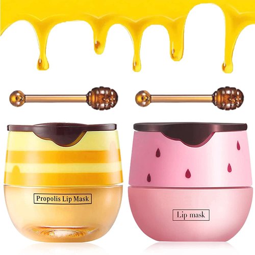 2Pcs Bee Balm Lip Balm Honey Pot, Honey & Strawberry Lip Balm Moisturizing Lip Sleep Mask with Stick Hydrating & Prevention Dry and Cracked Lip Scrubs Exfoliator, Reduces Lip Lines Honey & Strawberry