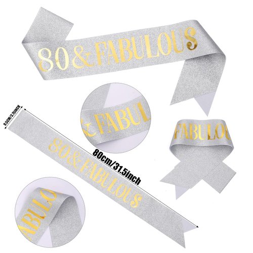 80 & Fabulous Sash & Rhinestone Tiara Set, 80th Birthday Gifts for Women, Sliver Gold Birthday Sash/Tiara for Women's 80th Birthday Party Decoration (Sliver 80th)