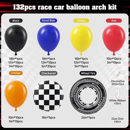 132pcs Race Car Balloon Arch Kit, Race Car Party Decorations with Black Blue Yellow Red Orange Balloons Checkered Wheels Foil Balloons for One Two Fast Race Car Birthday Party Decorations for Boys