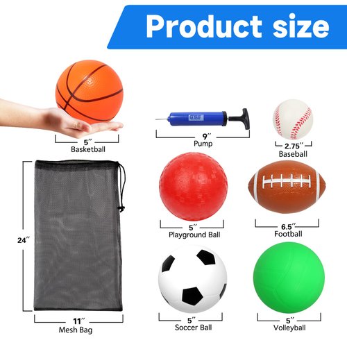 GSE Games & Sports Expert 6 Pack Sports Balls with Pump & Mesh Bag, Included 5" Basketball, 5" Volleyball, 5" Soccer Ball, 5" Playground Ball, 6.5" Football & 2.75" Baseball