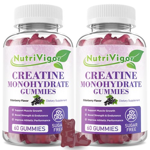 NutriVigor Creatine Monohydrate Gummies for Men & Women, Sugar Free Creatine Monohydrate for Muscle Growth & Recovery, Pre-Workout Supplement, Gluten-Free, Elderberry Flavor, 120 Count