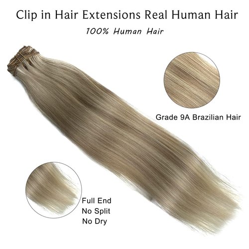 Clip in Hair Extensions Human Hair Clip in Extensions, Dirty Blonde Balayage Blonde Highlights Real Hair Extensions Clip in Human Hair,15 Inch Double Weft 7 Pcs 70G Remy Clip in Hair Extensions
