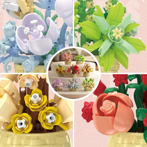 SJIADA The 8-Piece Flowers Building Block Set,Plants and Succulent Toys, is a Valentine's Day and Birthday Gift for Women and Girls.As a Decoration or Adult Block Toy.